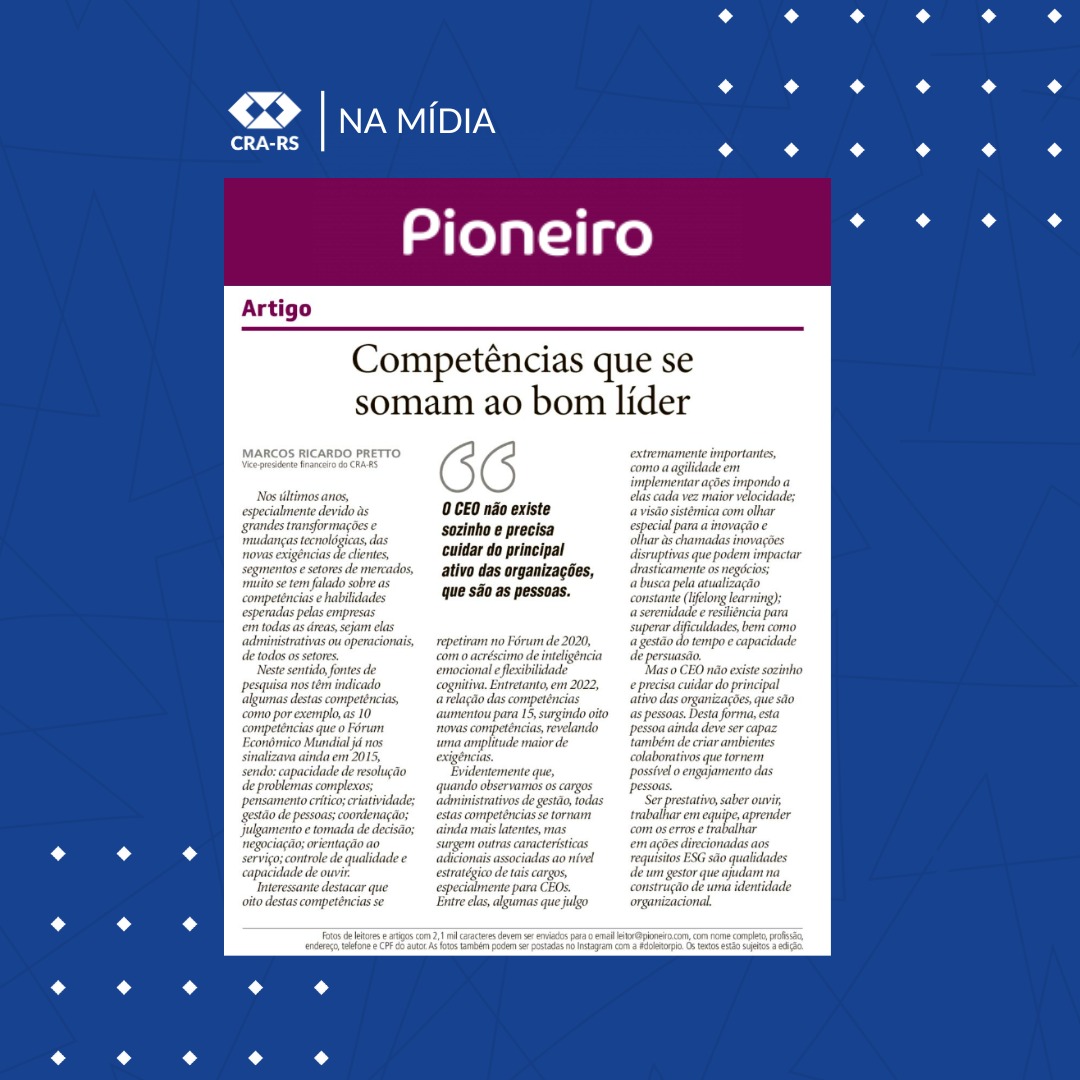 Vice-presidente Financeiro do CRA-RS assina artigo publicado no jornal Pioneiro